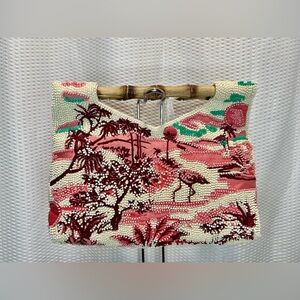Viral Beaded Tropical Flamingo Bamboo Handle Clutch